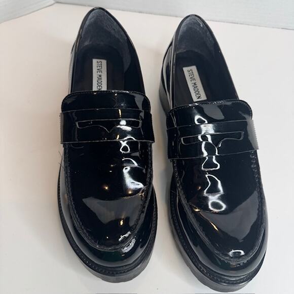 Steve Madden Sz 11 Black Patent Langsten Leather Platform Loafers - Picture 5 of 11